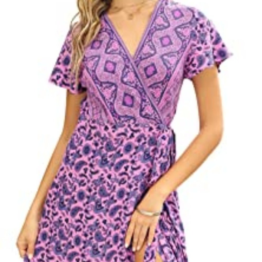 Bohemian Floral Printed Wrap V Neck Short Sleeve